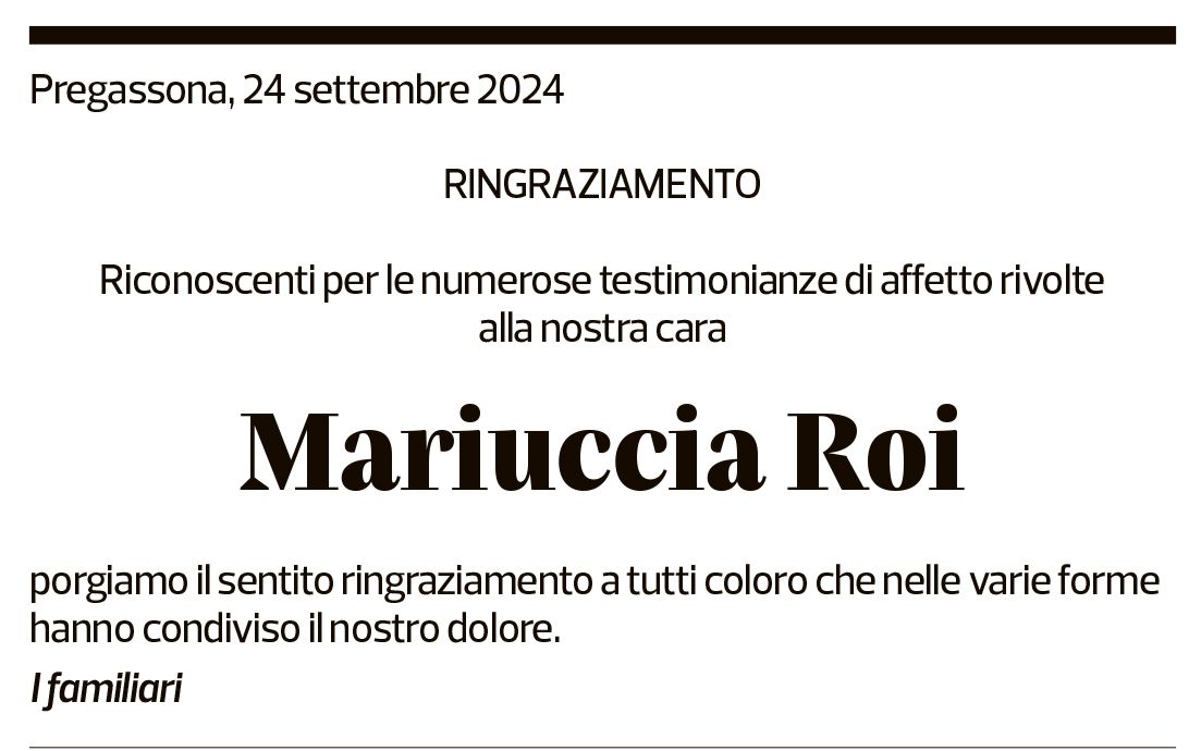 Annuncio funebre Mariuccia Roi