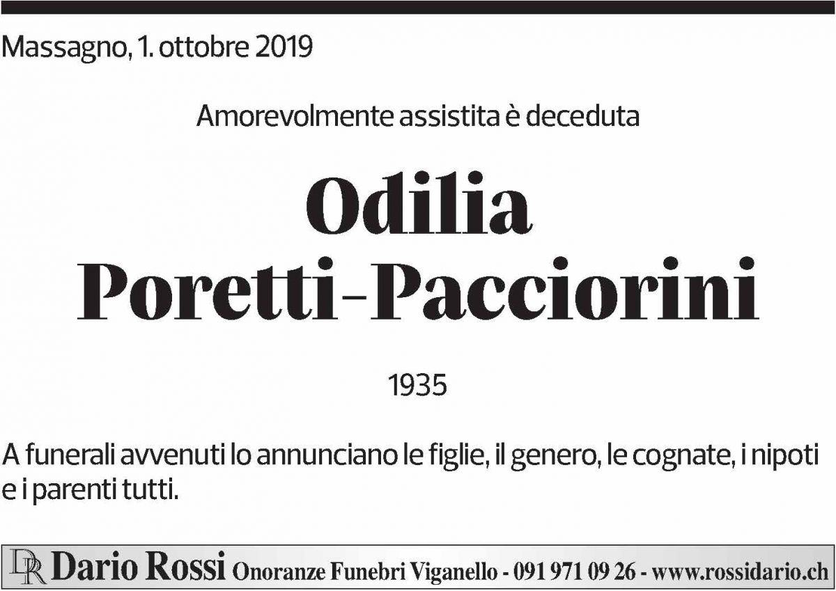 Annuncio funebre Odilia Poretti - Pacciorini