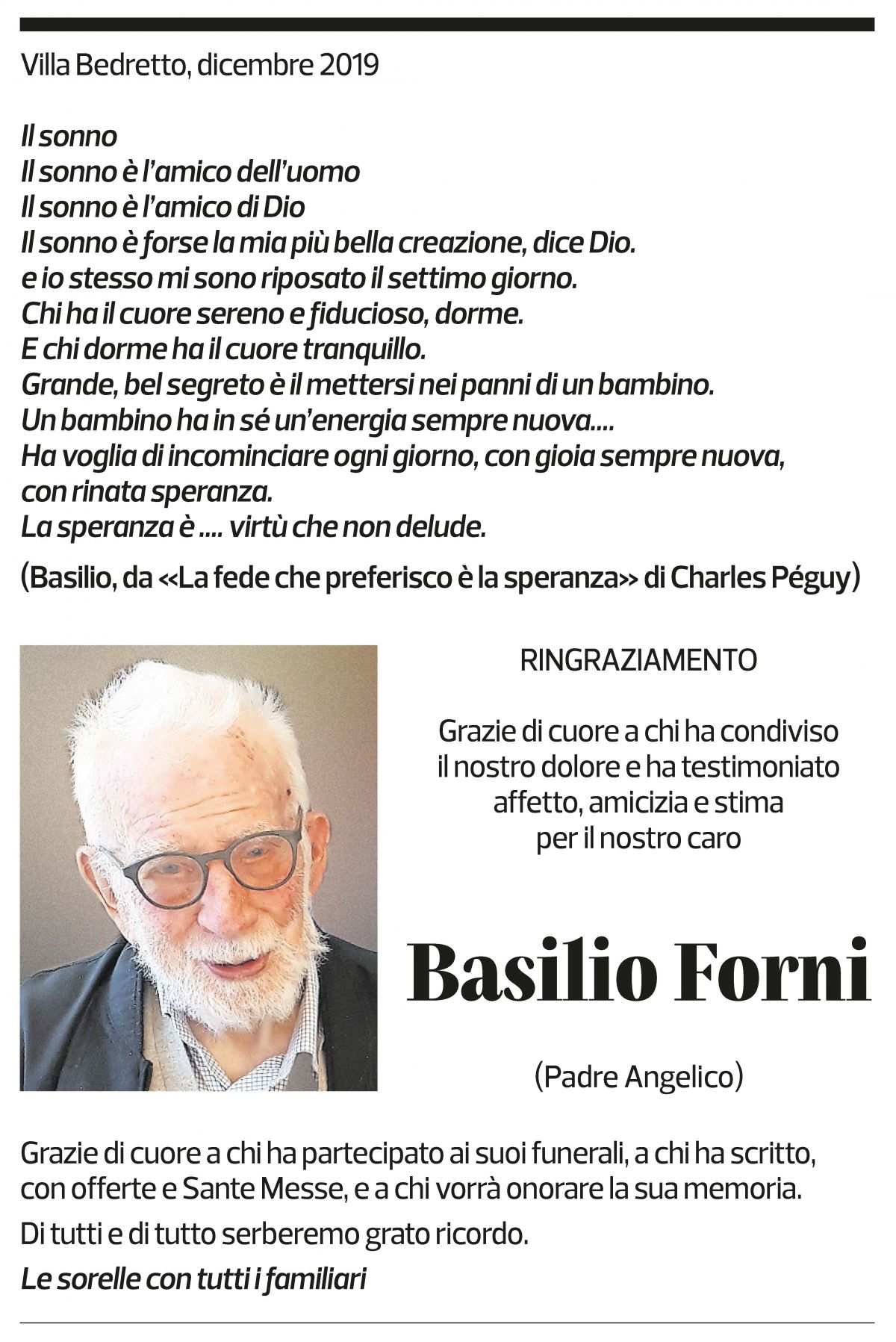 Annuncio funebre Basilio Forni