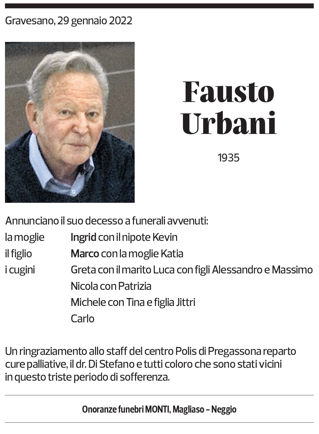 Annuncio funebre Fausto Urbani