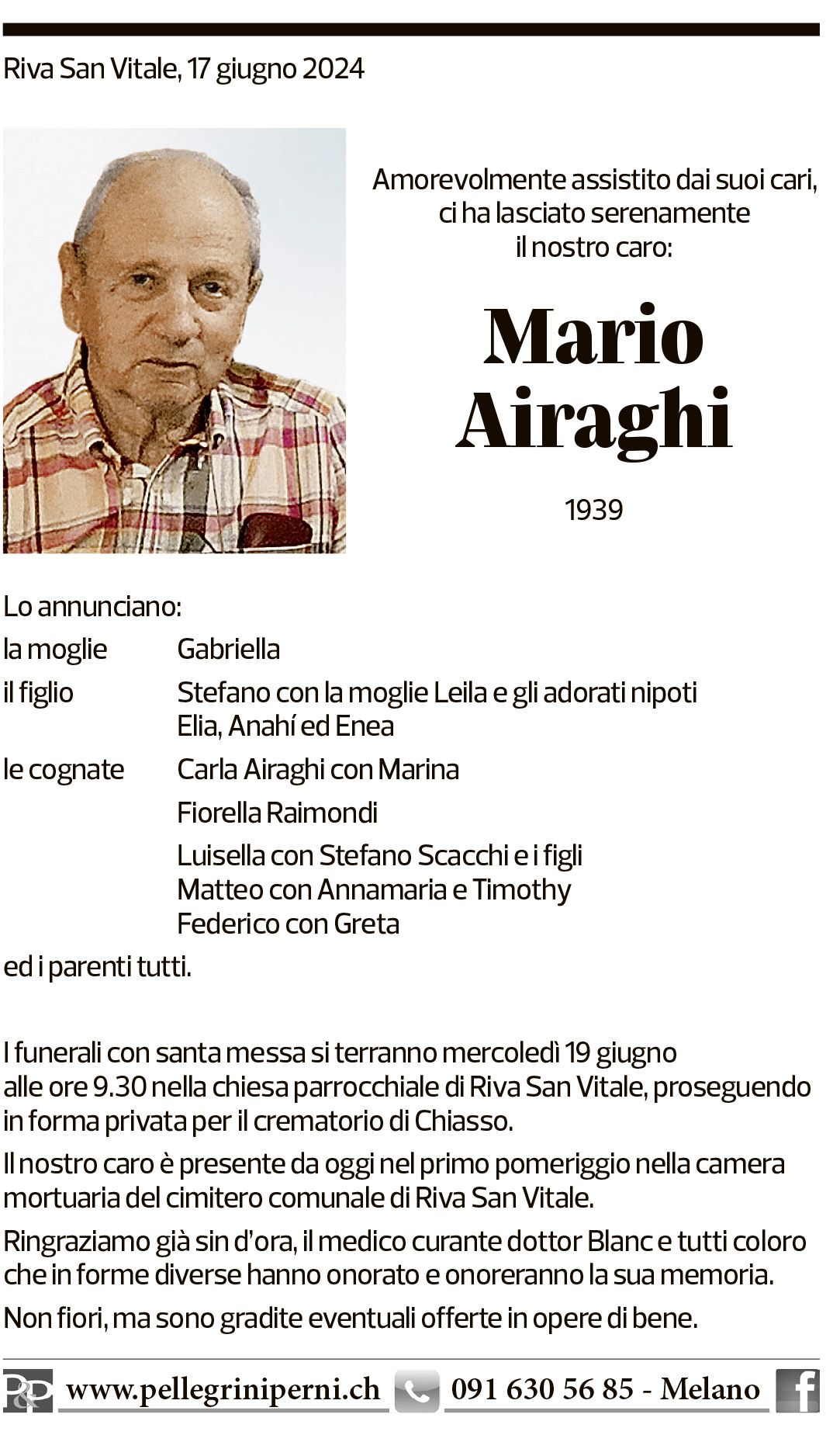 Annuncio funebre Mario Airaghi