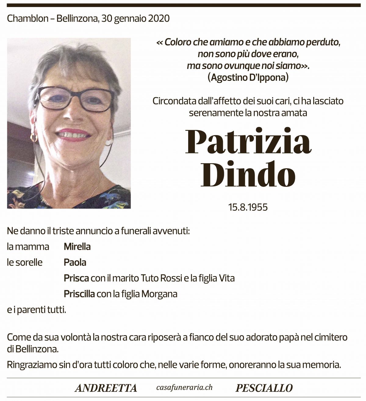 Annuncio funebre Patrizia Dindo