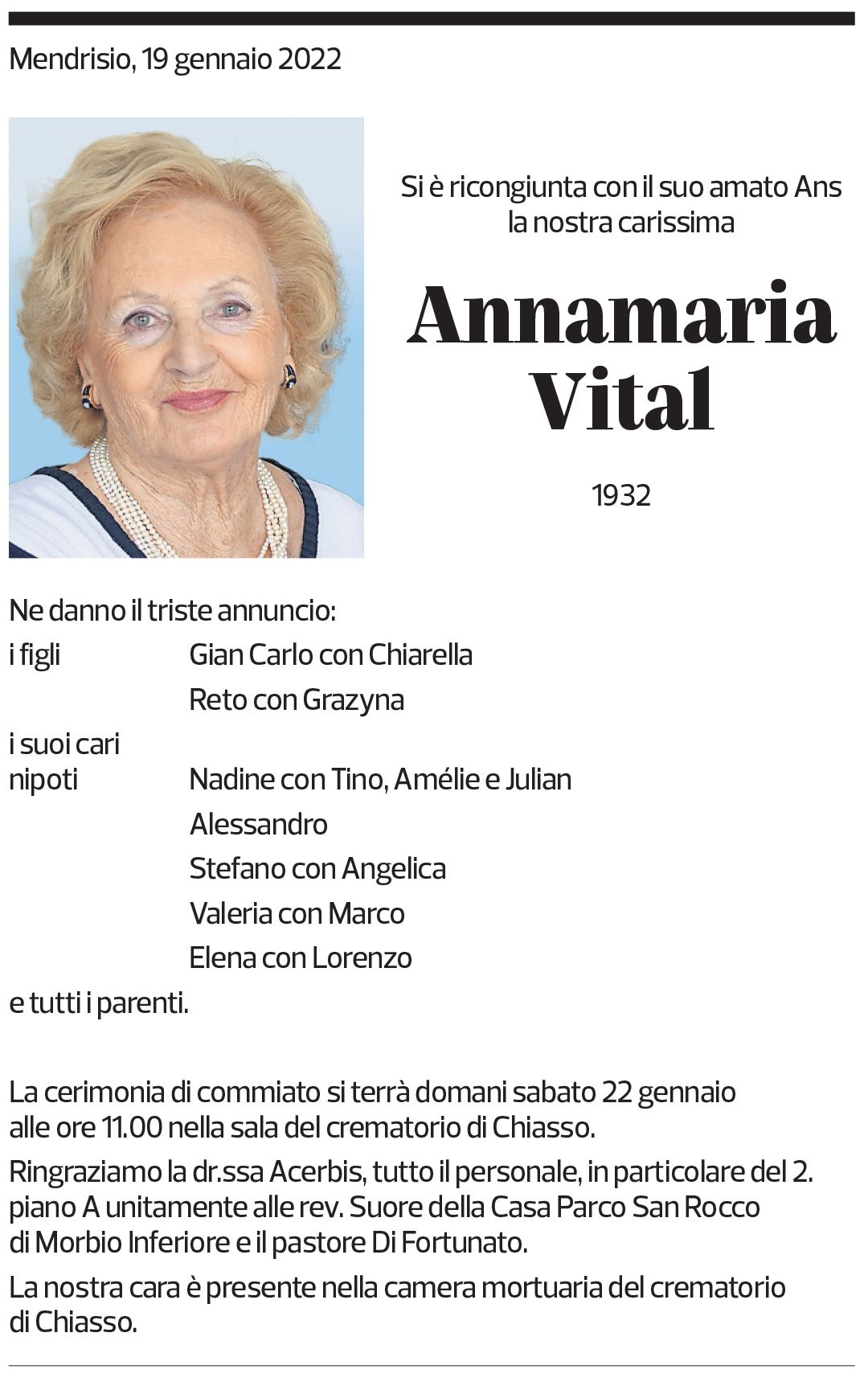 Annuncio funebre Annamaria Vital