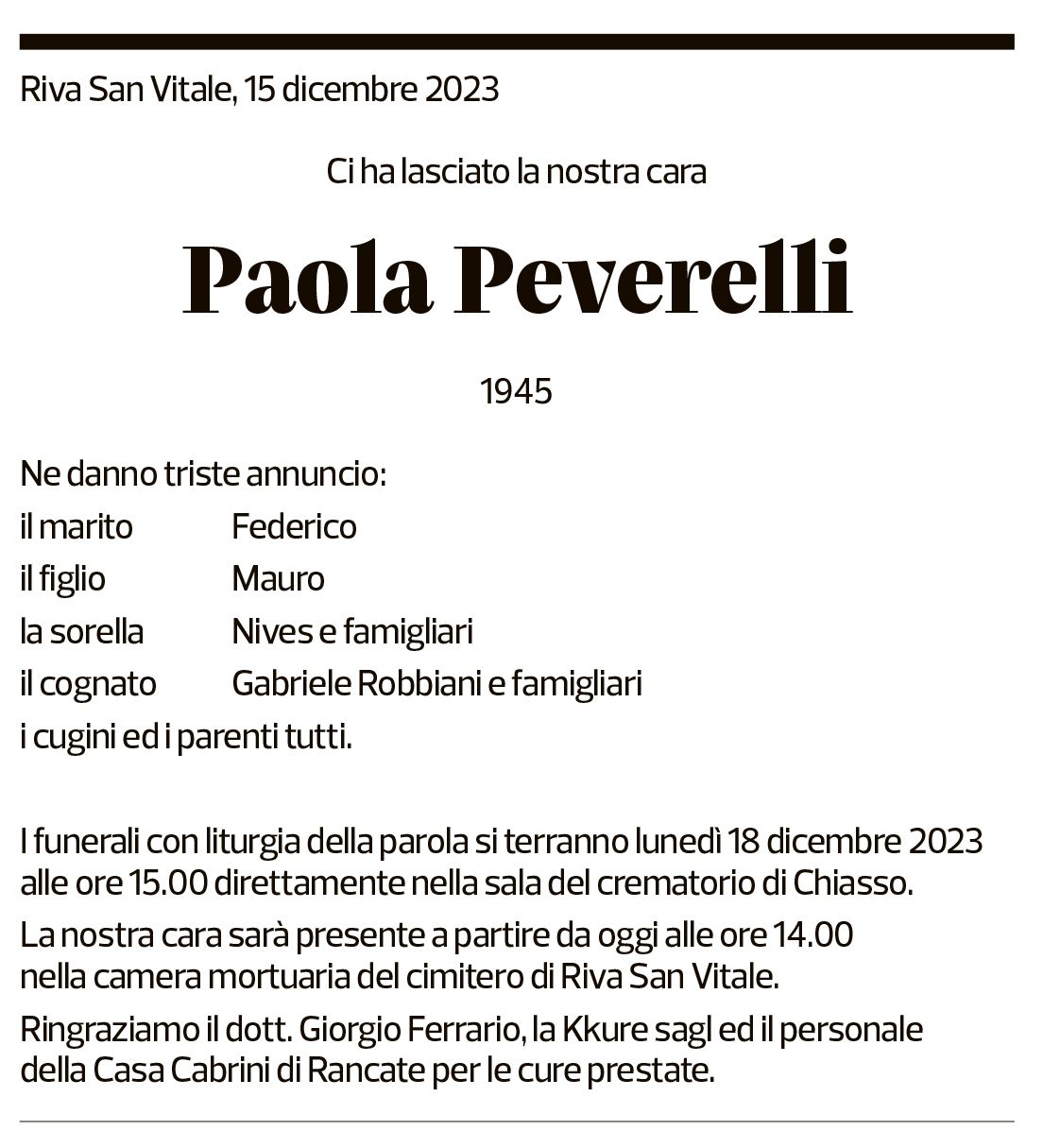 Annuncio funebre Paola Peverelli