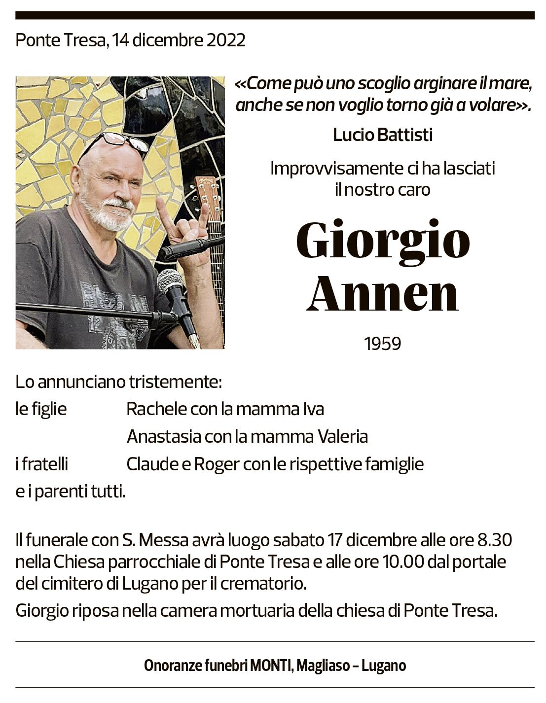 Annuncio funebre Giorgio Annen