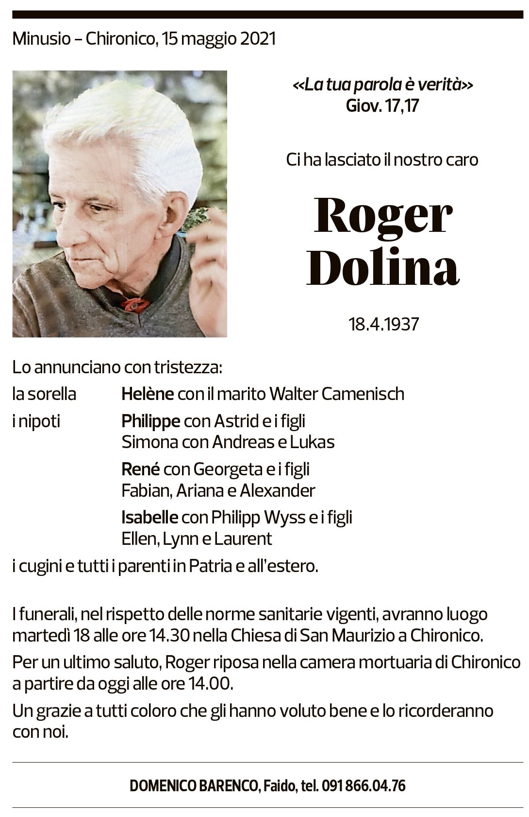 Annuncio funebre Roger Dolina