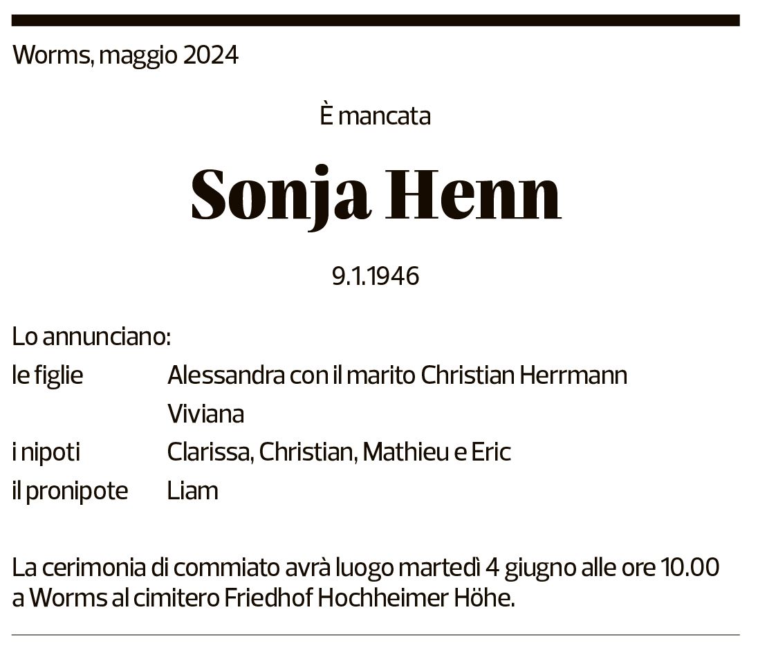 Annuncio funebre Sonja Henn