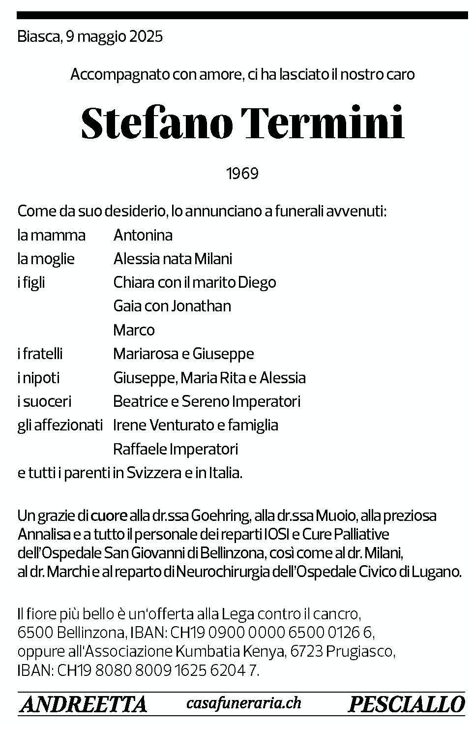 Annuncio funebre Stefano Termini