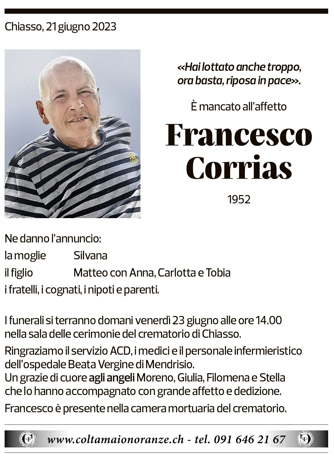 Annuncio funebre Francesco Corrias