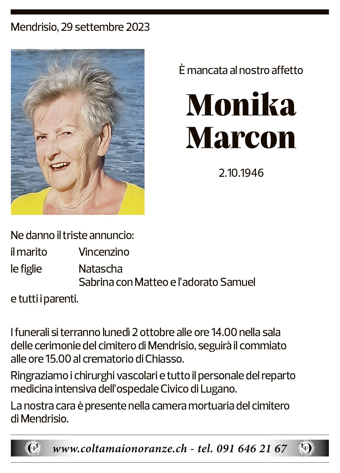 Annuncio funebre Monika Marcon