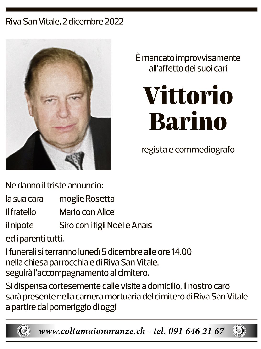 Annuncio funebre Vittorio Barino