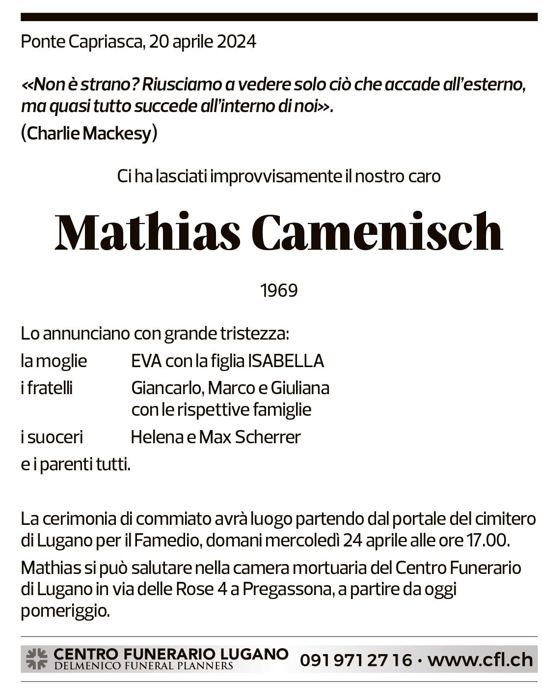 Annuncio funebre Mathias Camenisch