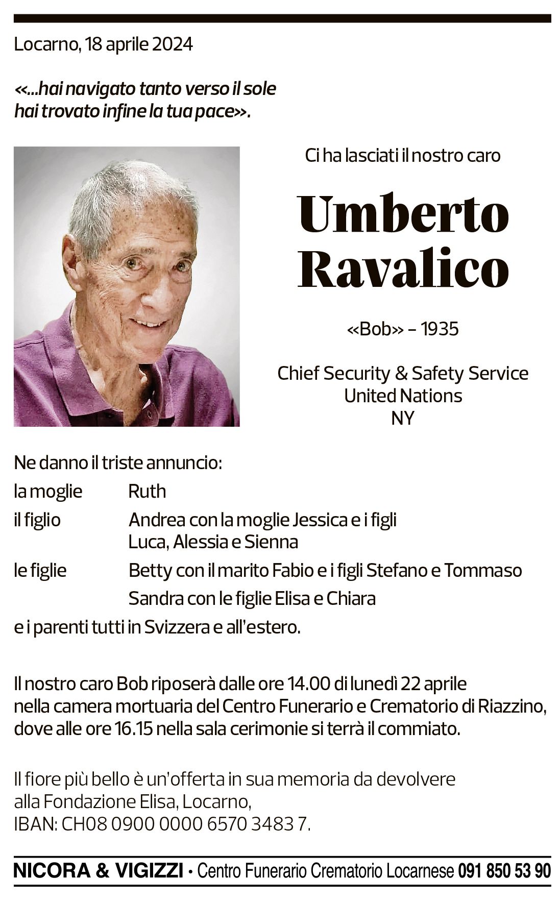 Annuncio funebre Umberto Ravalico