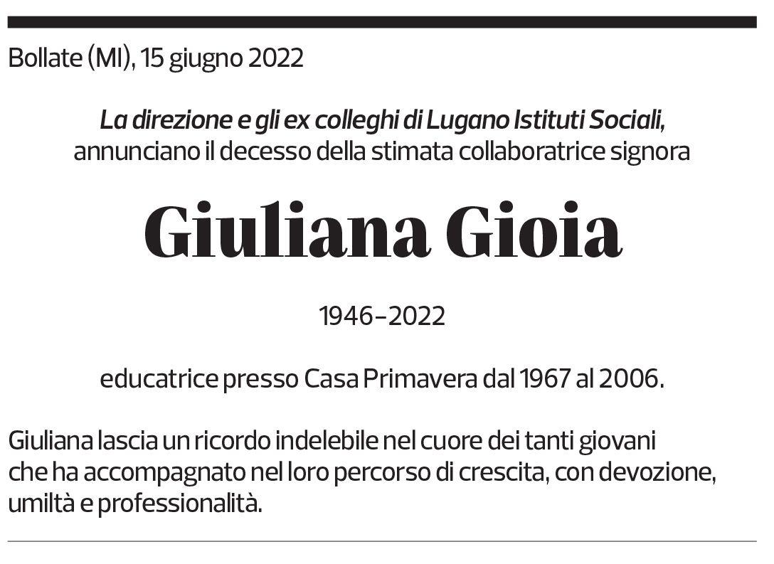 Annuncio funebre Giuliana Gioia