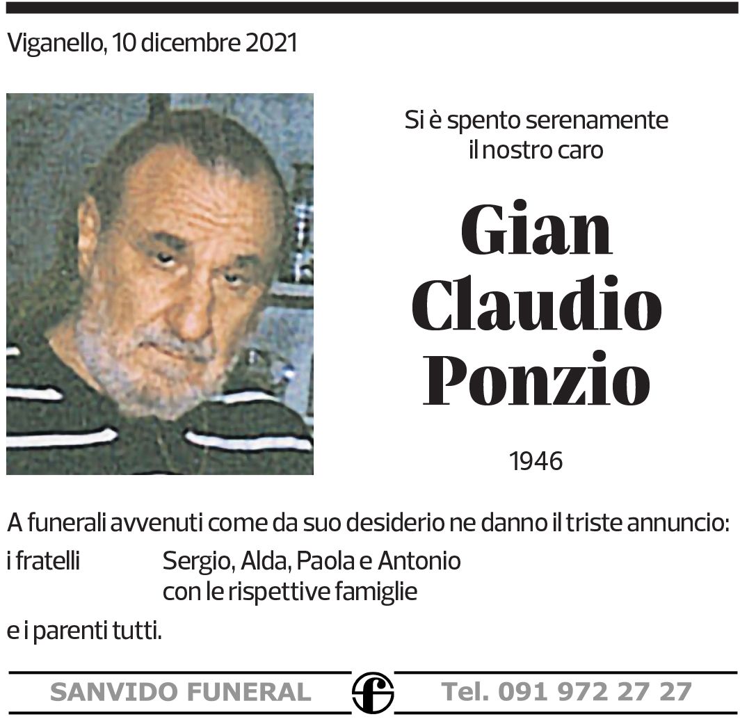 Annuncio funebre Gian Claudio Ponzio