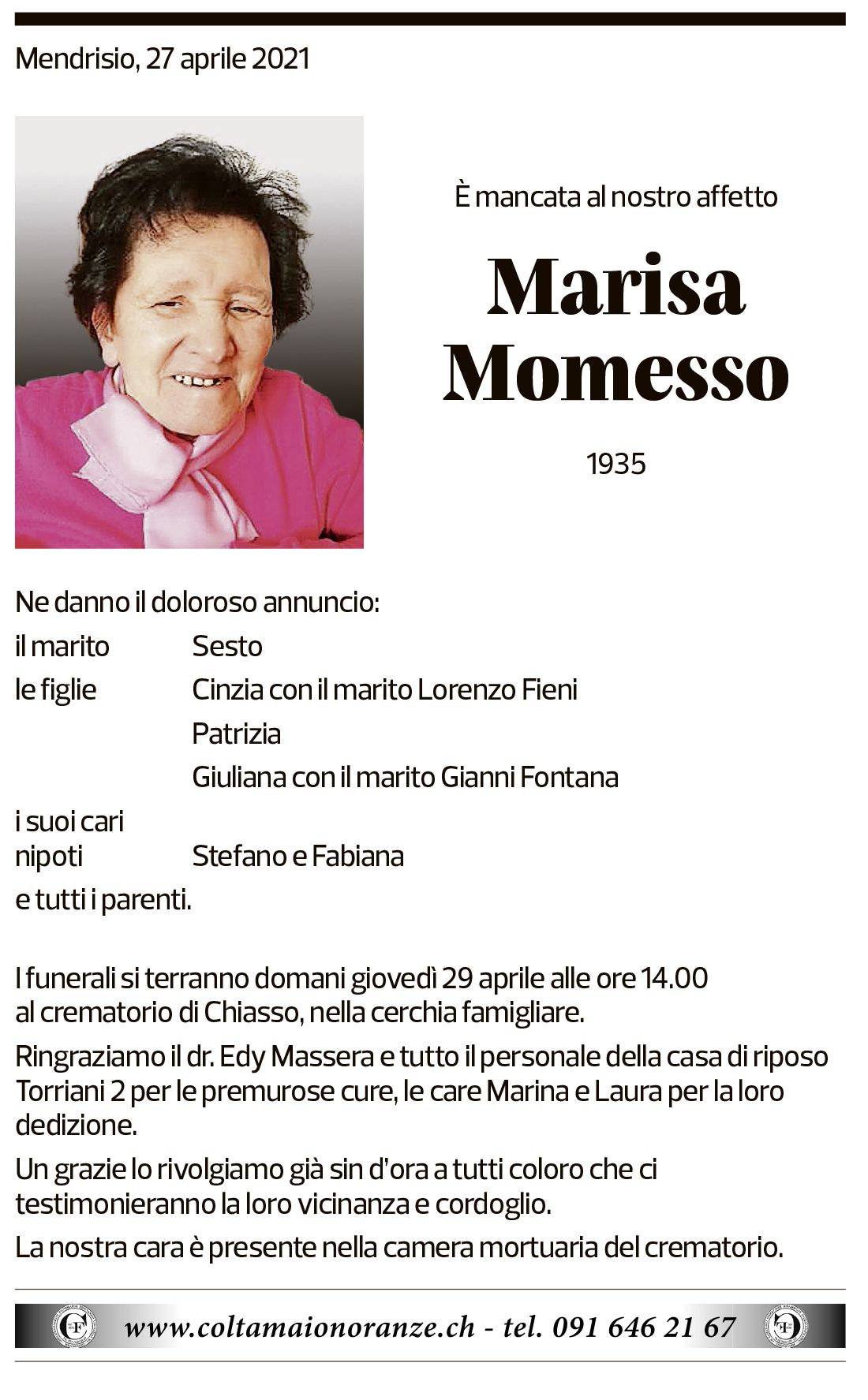 Annuncio funebre Marisa Momesso