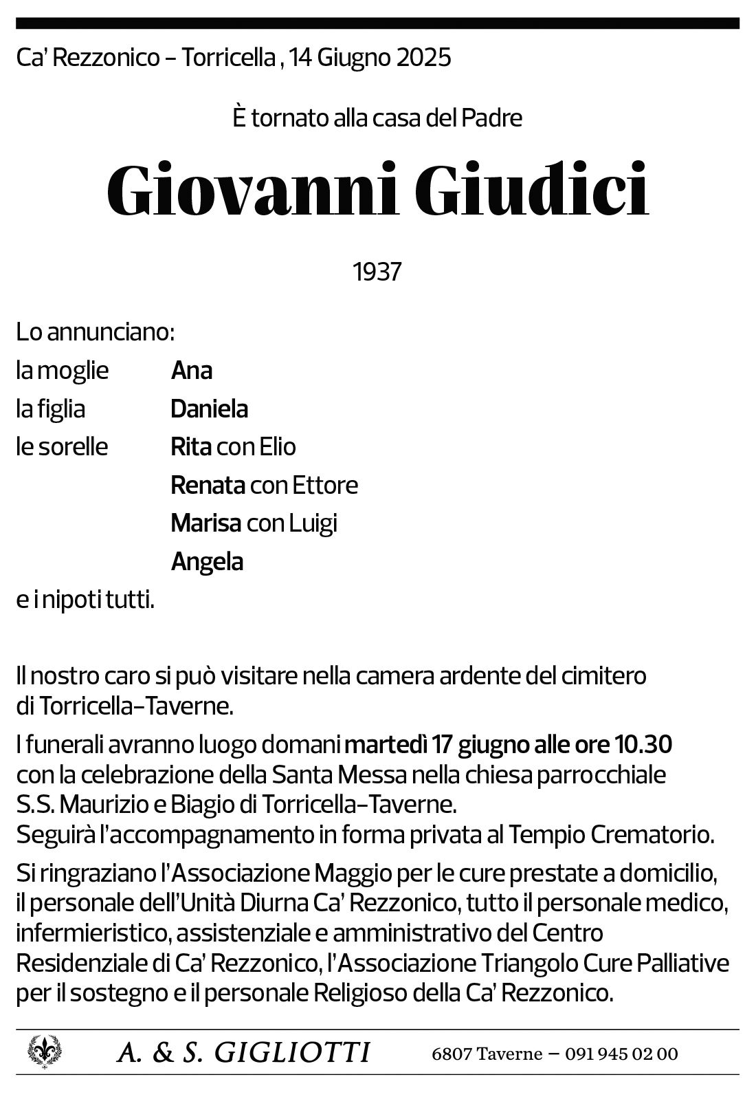 Annuncio funebre Giovanni Giudici
