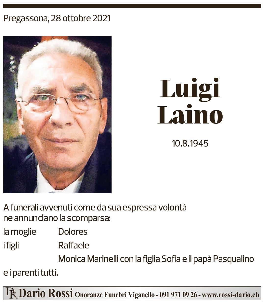 Annuncio funebre Luigi Laino