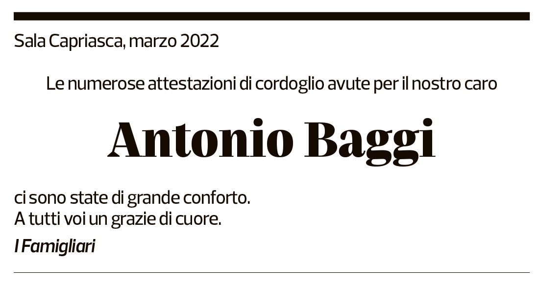 Annuncio funebre Antonio Baggi