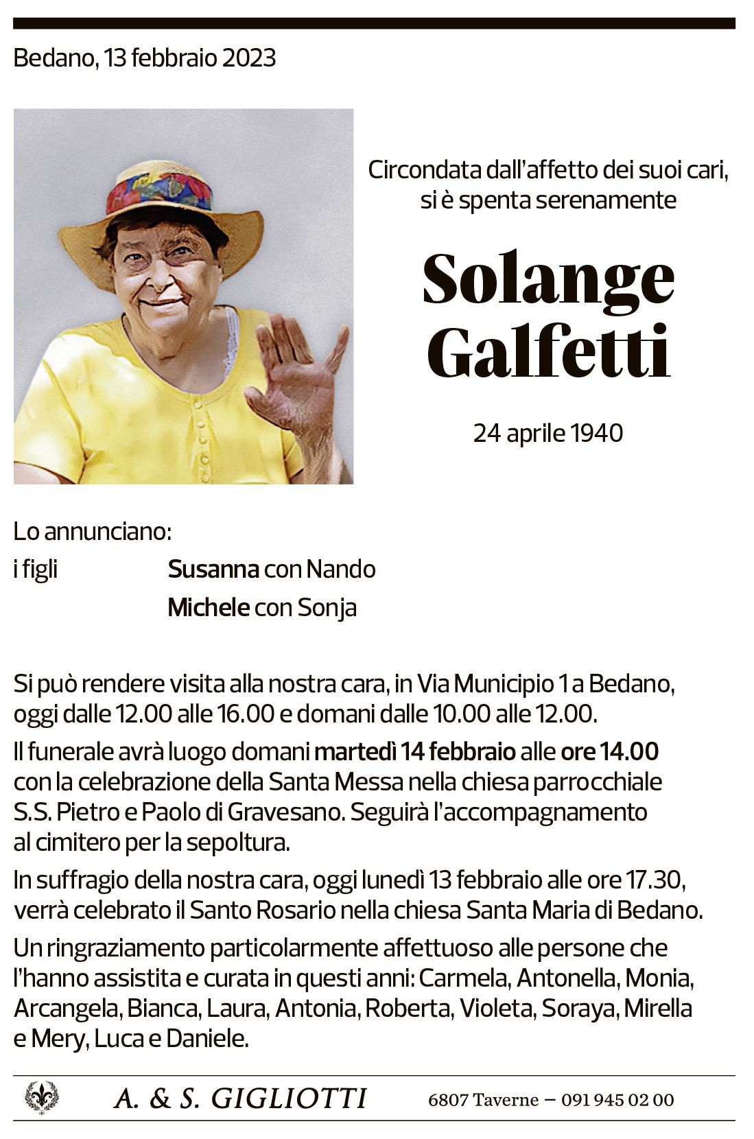 Annuncio funebre Solange Galfetti