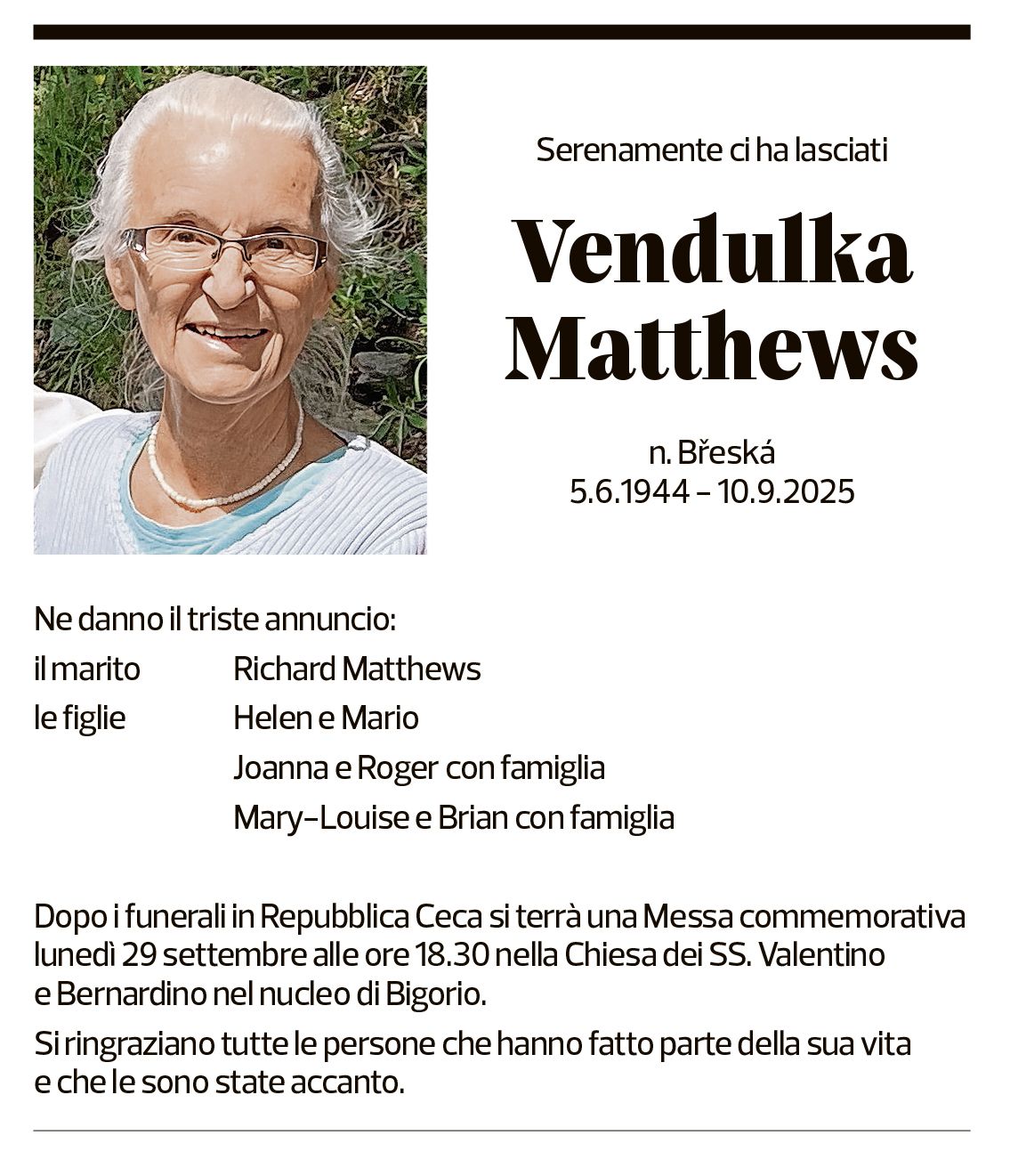 Annuncio funebre Vendulka Matthews