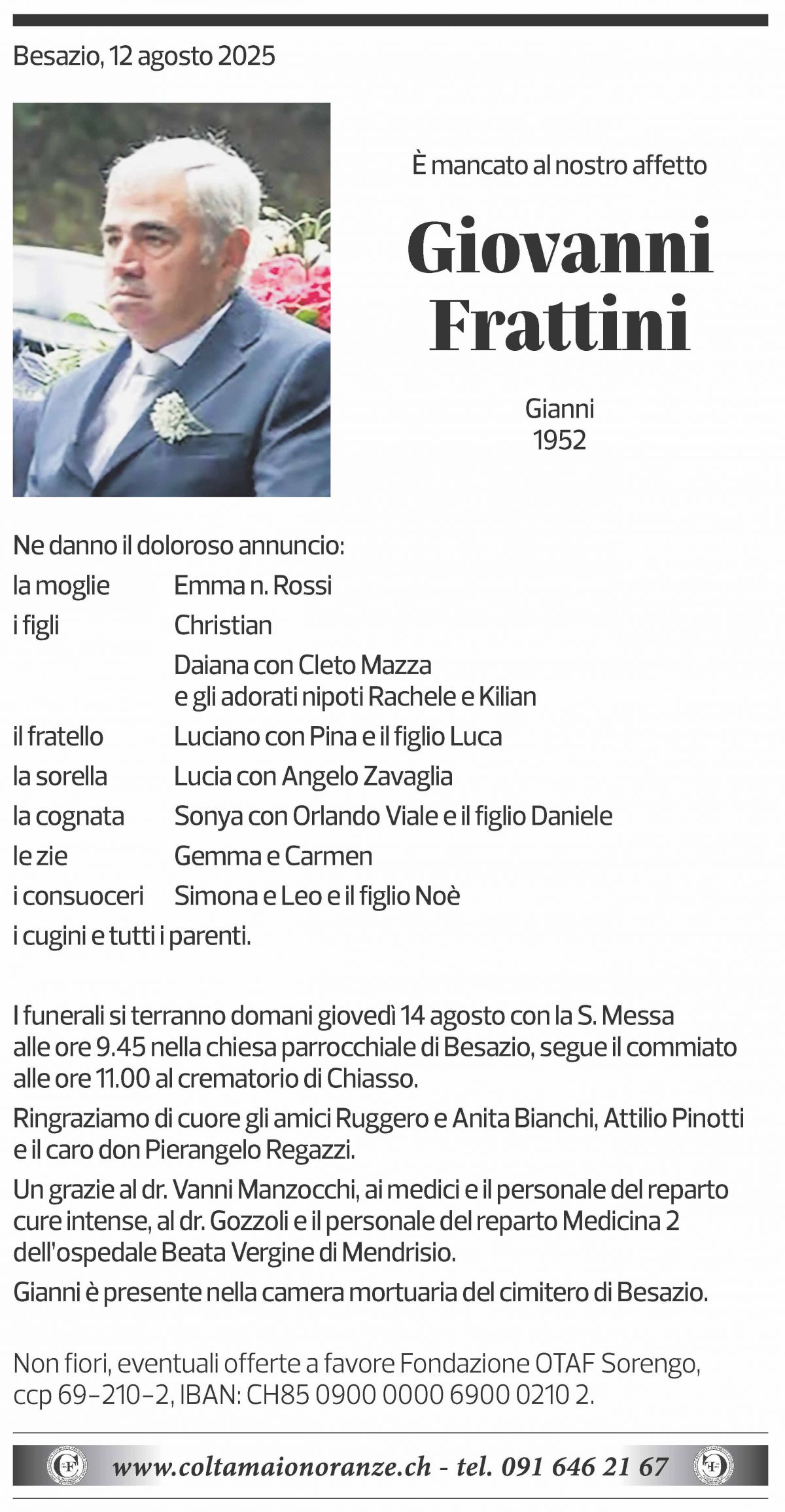 Annuncio funebre Giovanni Frattini