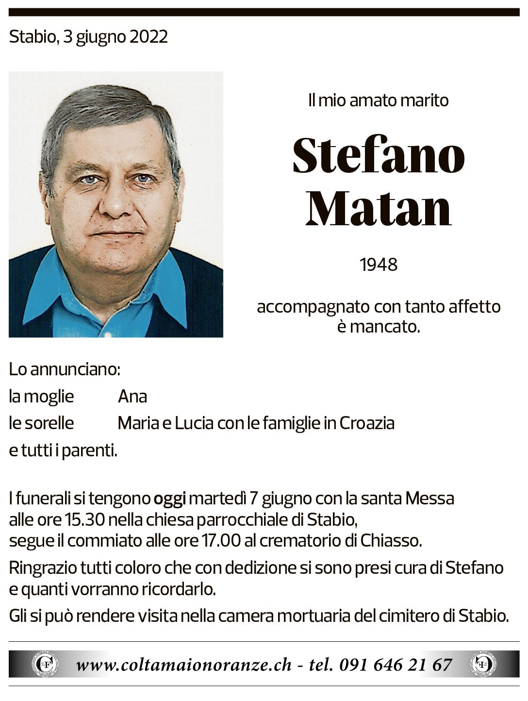 Annuncio funebre Stefano Matan