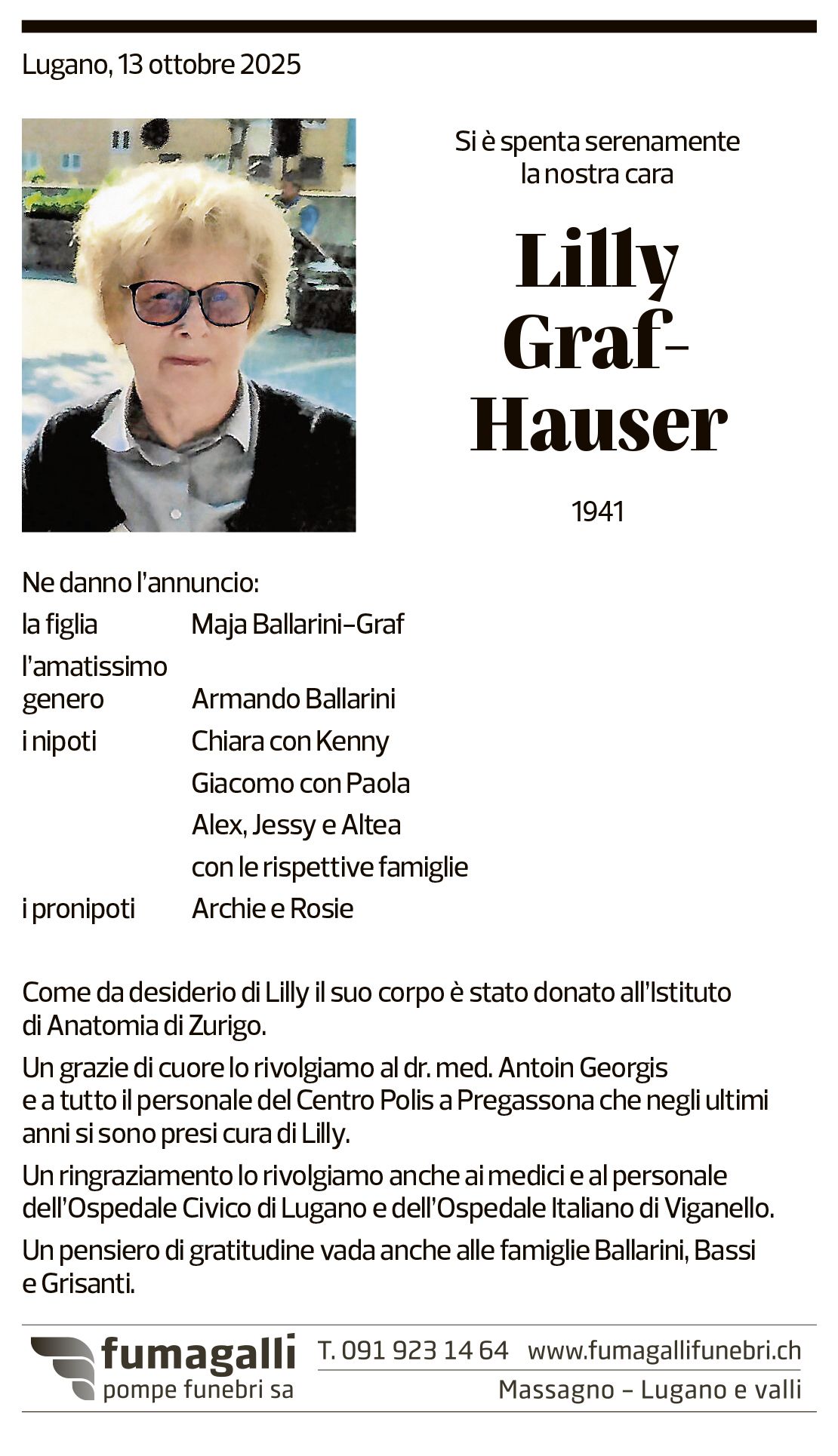 Annuncio funebre Lilly Graf-houser