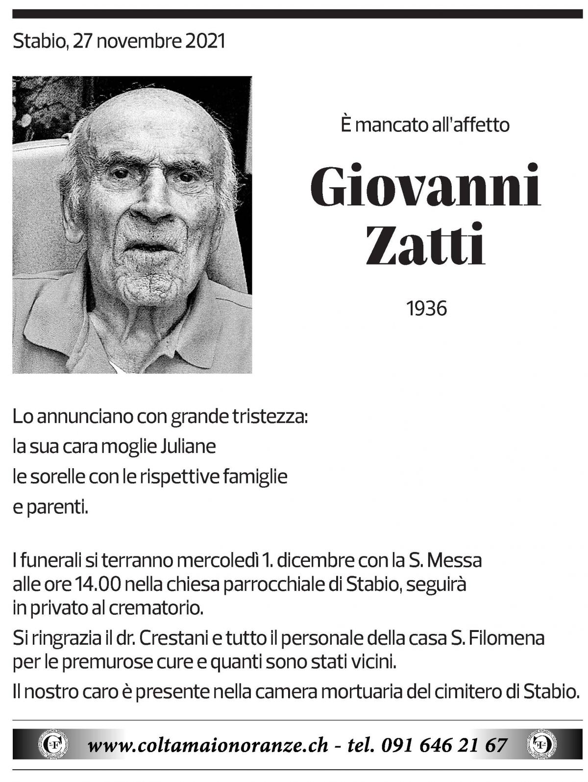 Annuncio funebre Giovanni Zatti