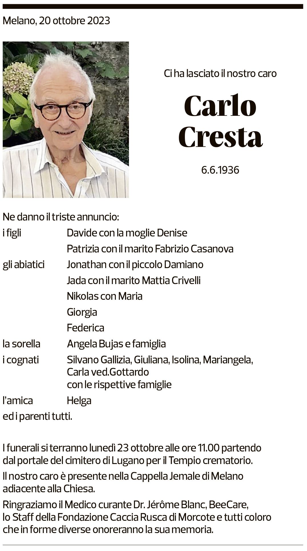 Annuncio funebre Carlo Cresta