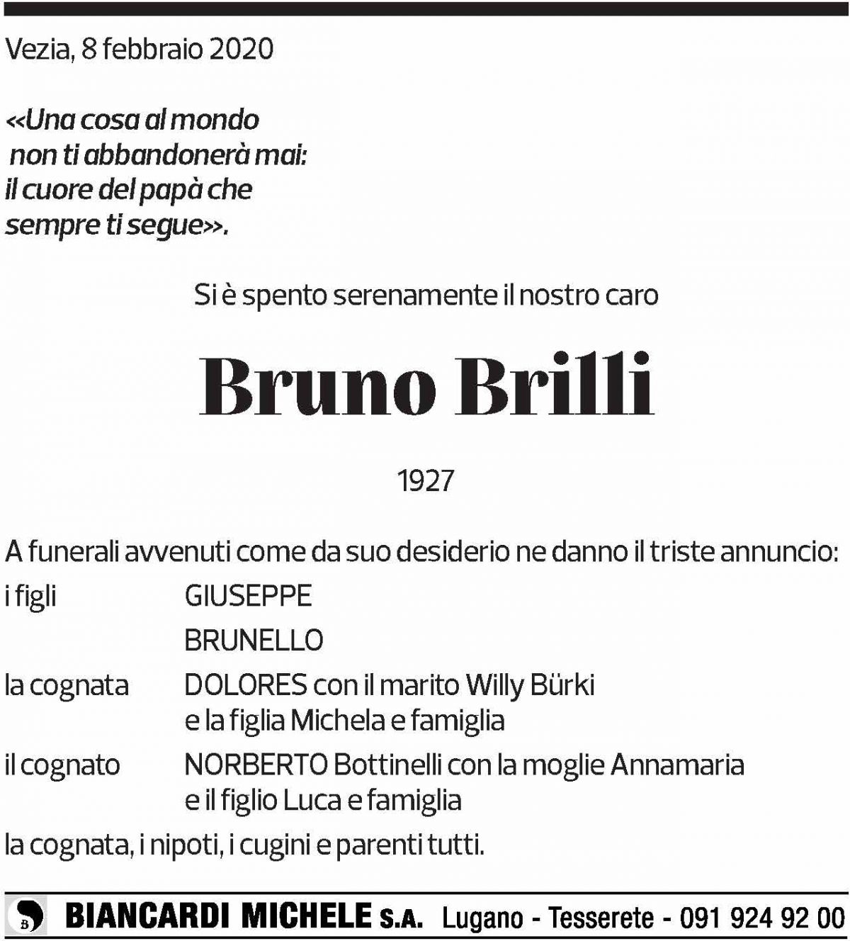 Annuncio funebre Bruno Brilli