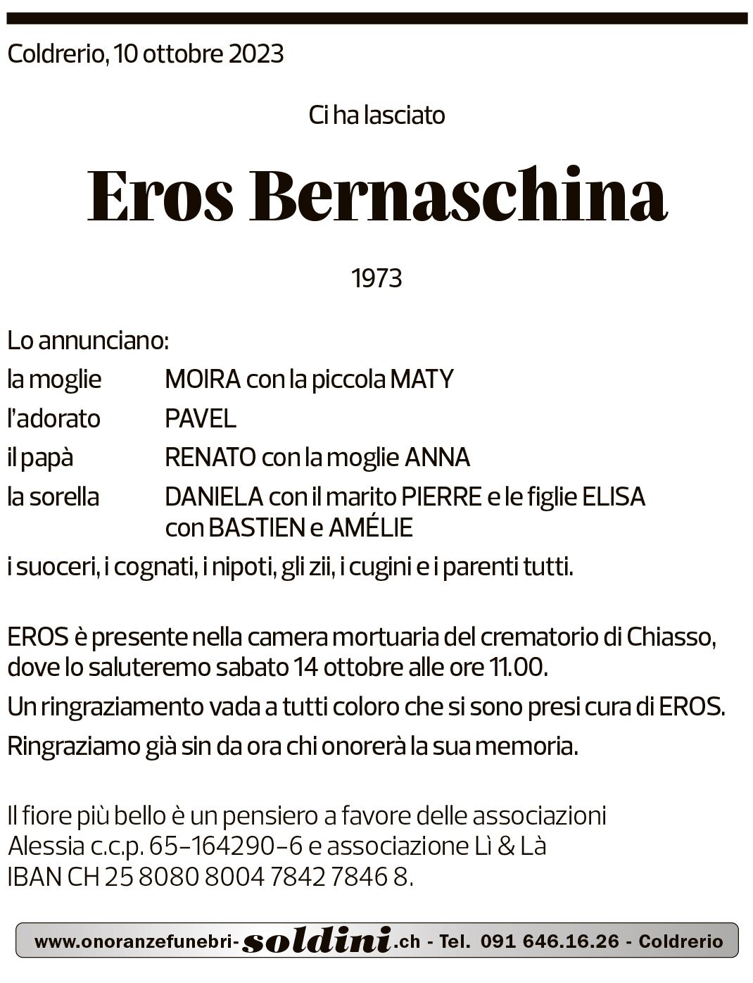 Annuncio funebre Eros Bernaschina