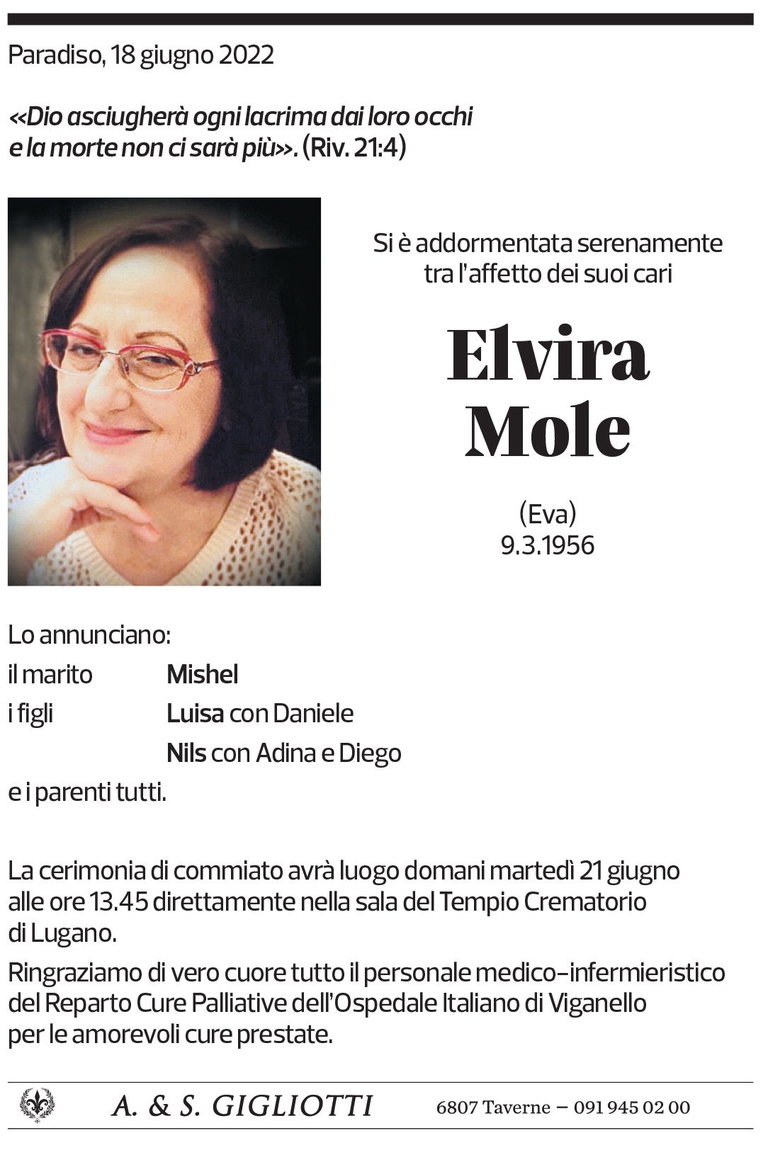 Annuncio funebre Elvira Mole