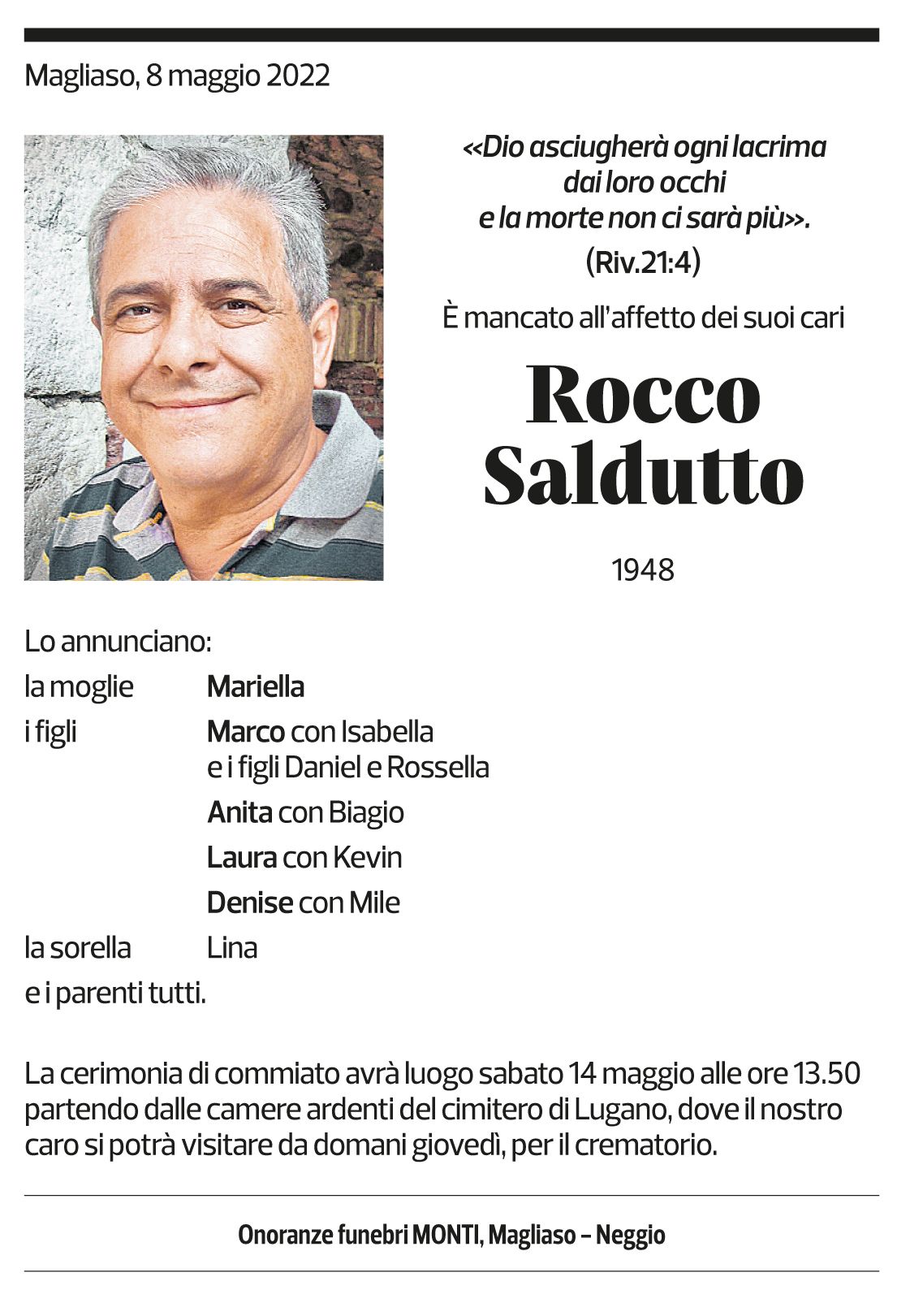 Annuncio funebre Rocco Saldutto