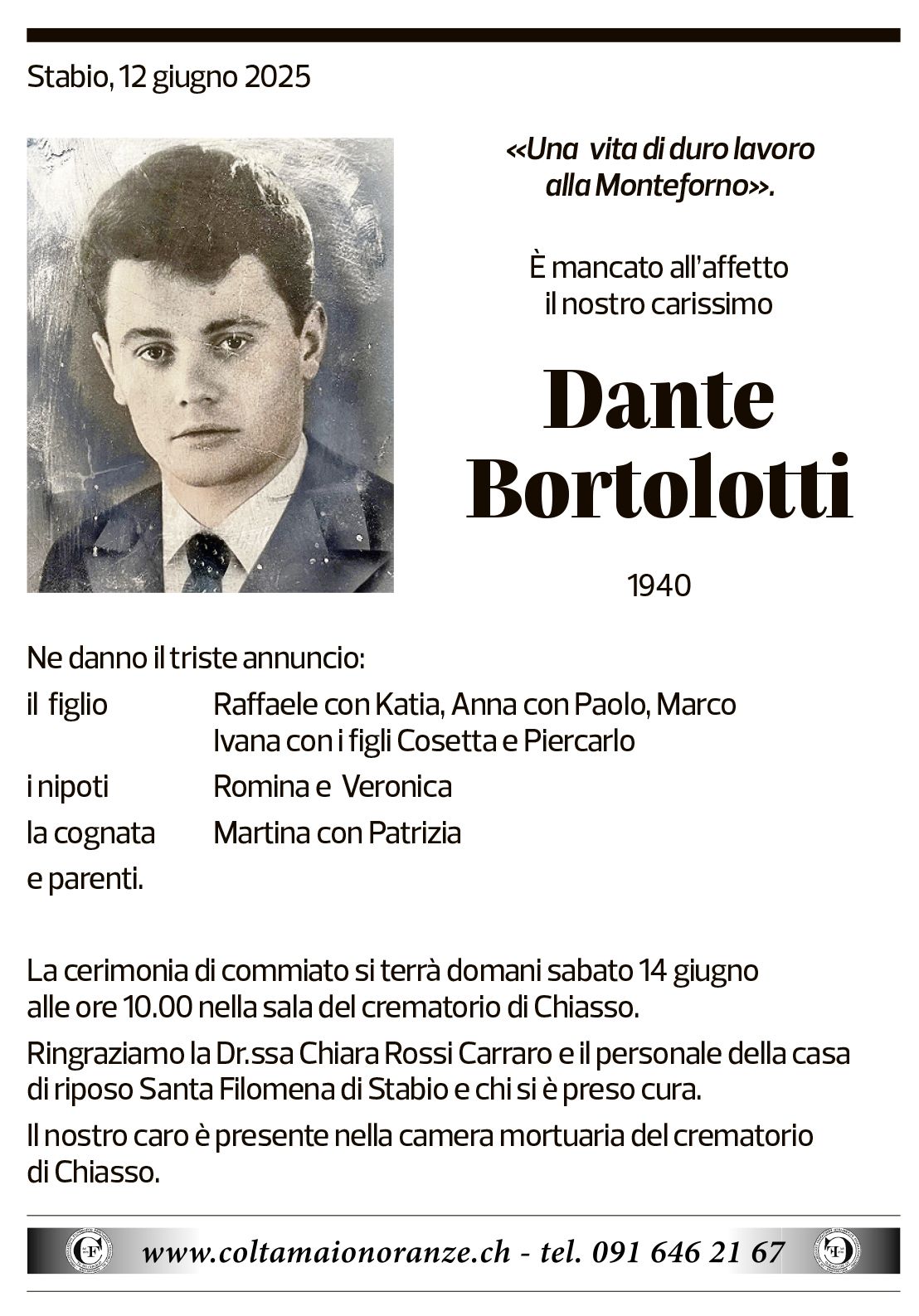 Annuncio funebre Dante Bortolotti