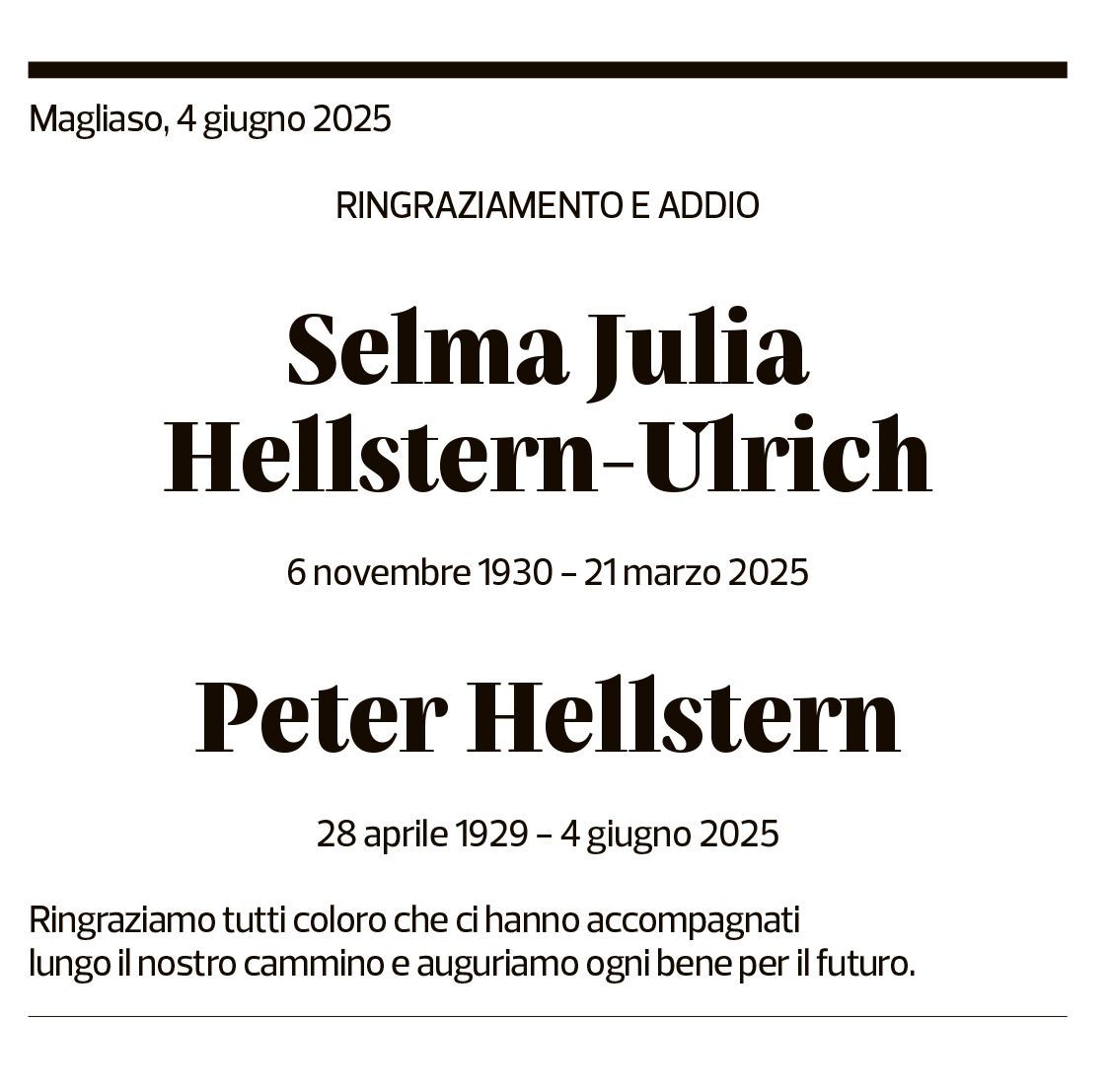 Annuncio funebre Selma Julia Hellstern-ulrich