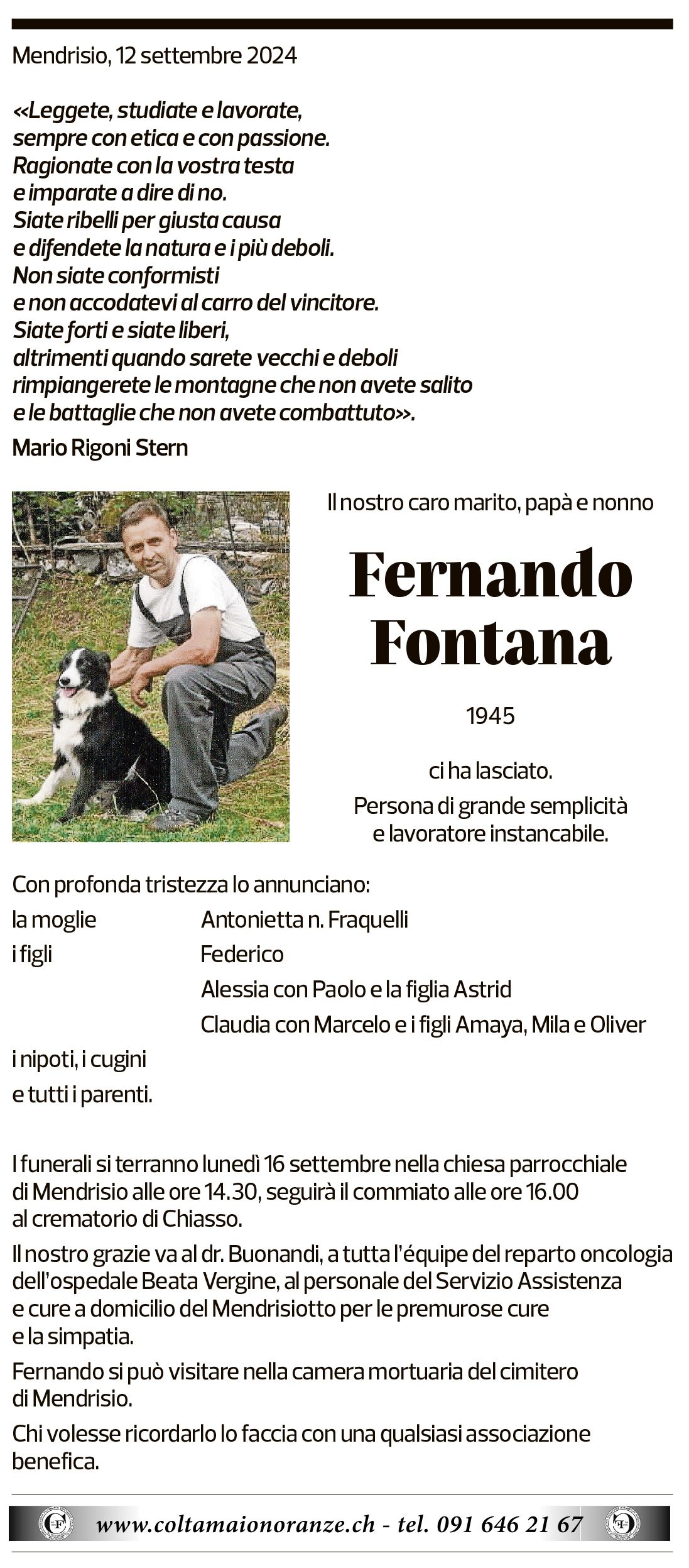 Annuncio funebre Fernando Fontana