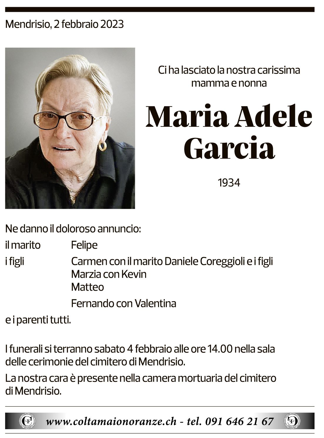 Annuncio funebre Maria Adele Garcia