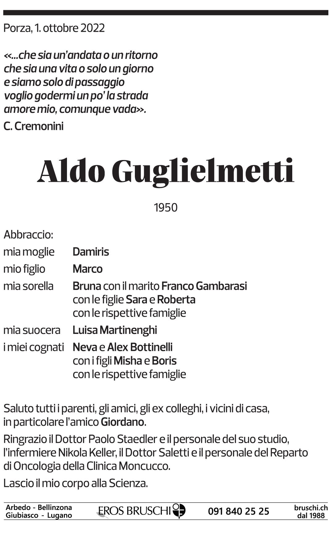 Annuncio funebre Aldo Guglielmetti