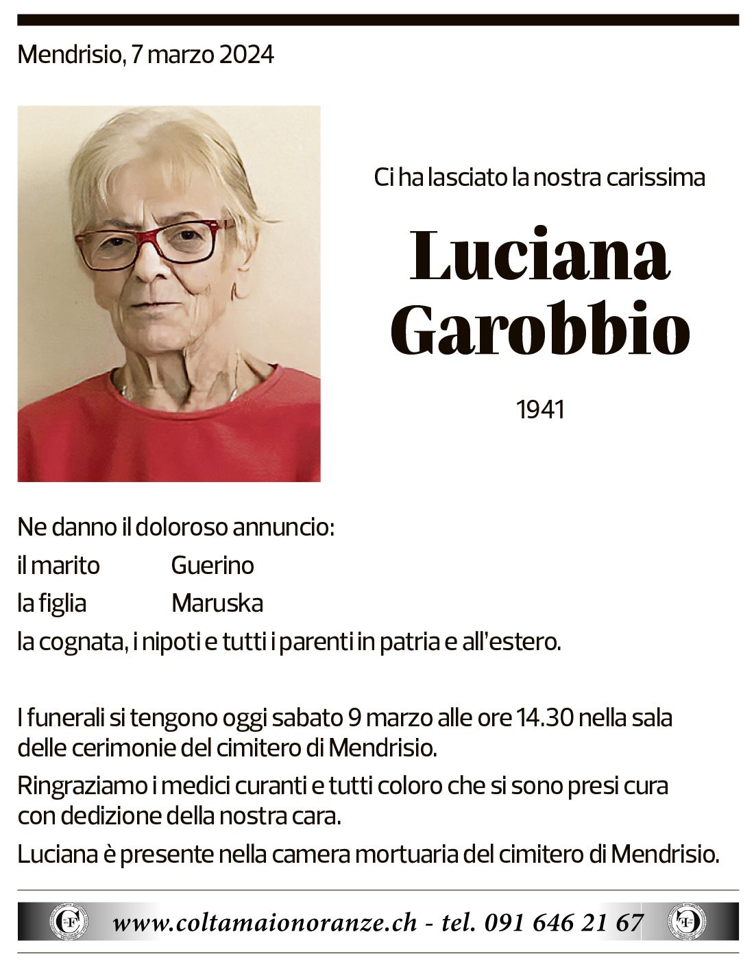 Annuncio funebre Luciana Garobbio