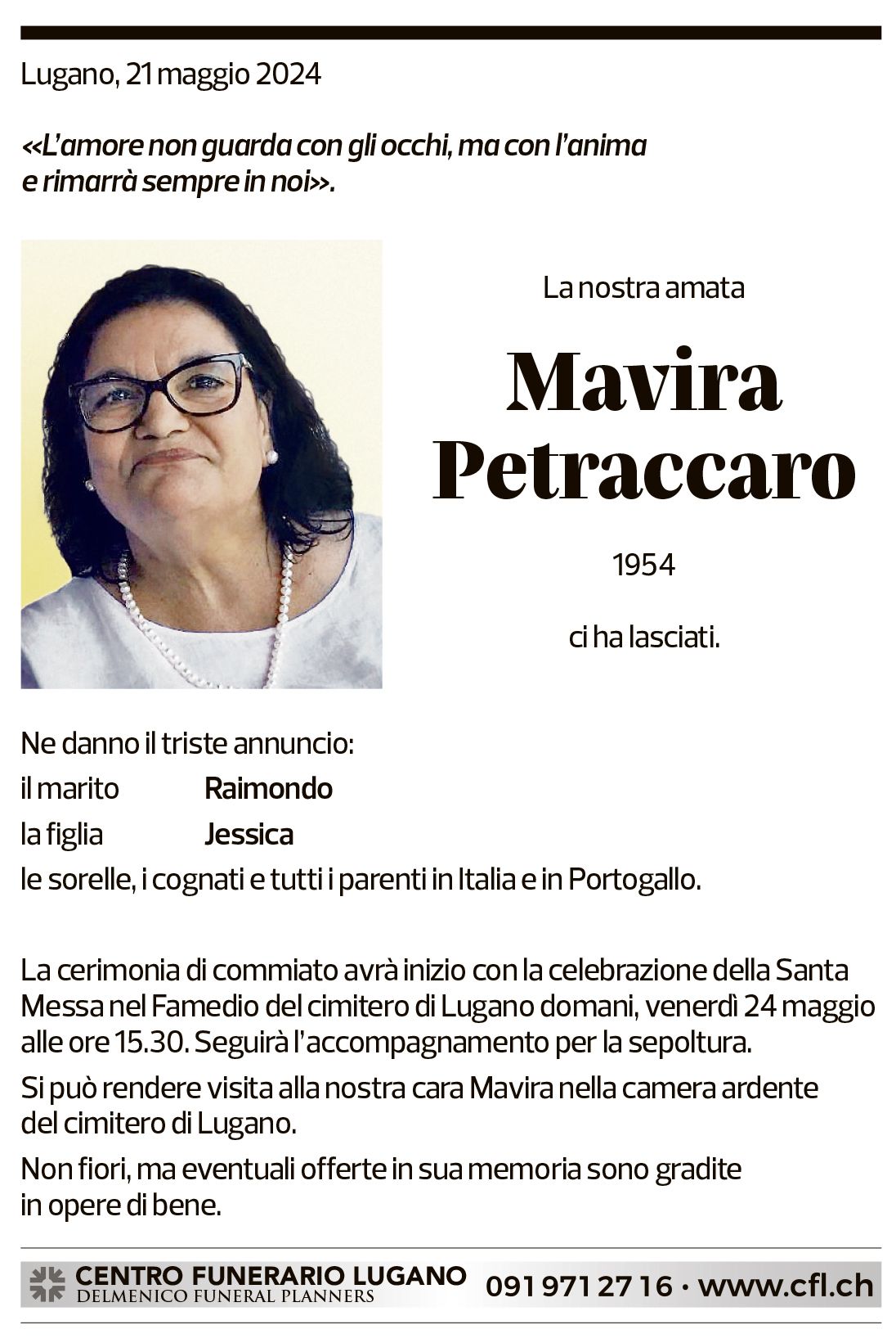 Annuncio funebre Mavira Petraccaro