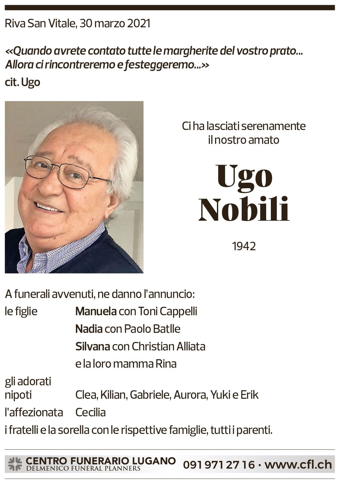 Annuncio funebre Ugo Nobili