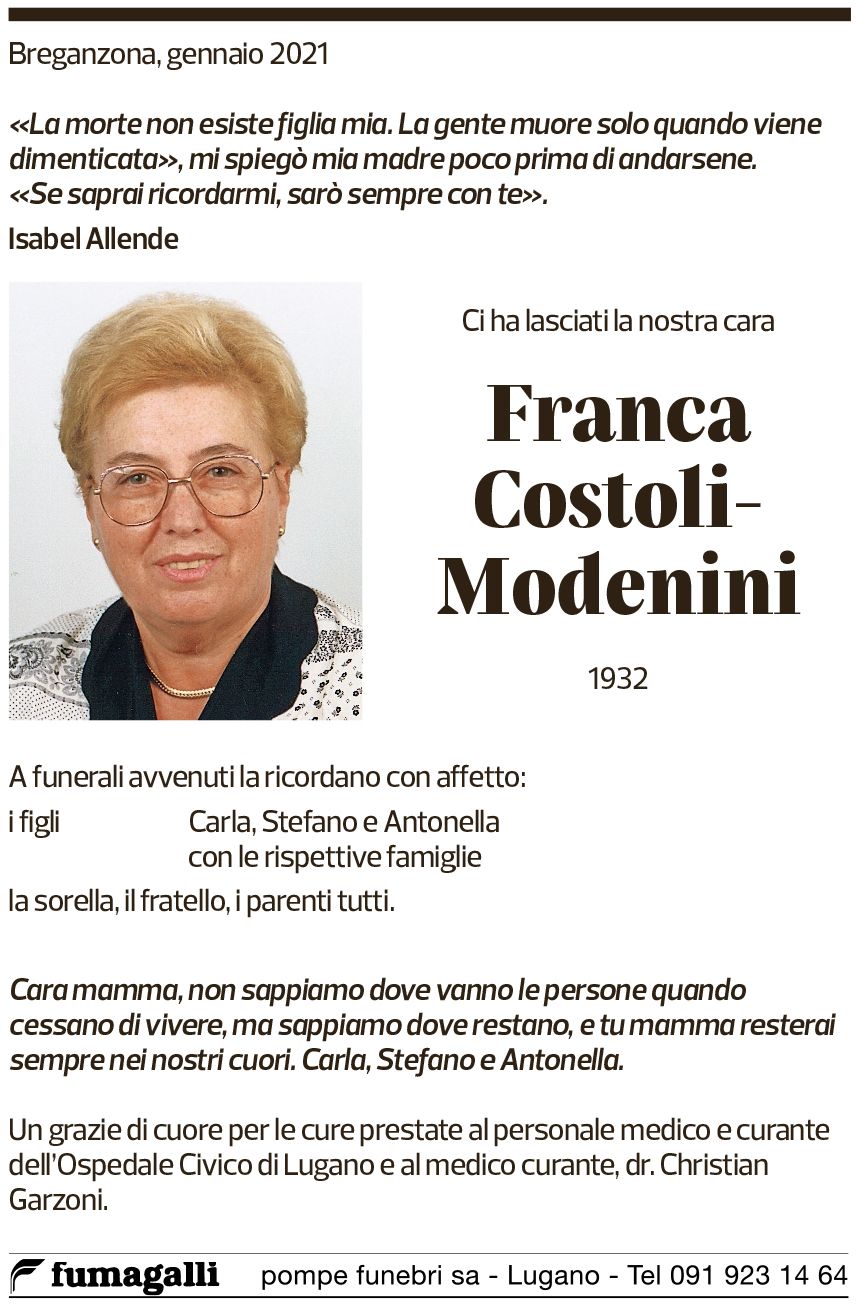 Annuncio funebre Franca Costoli-modenini