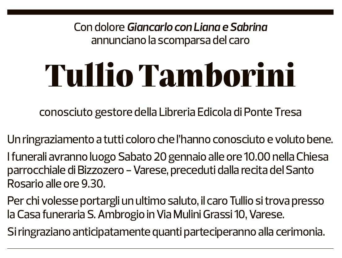 Annuncio funebre Tullio Tamborini