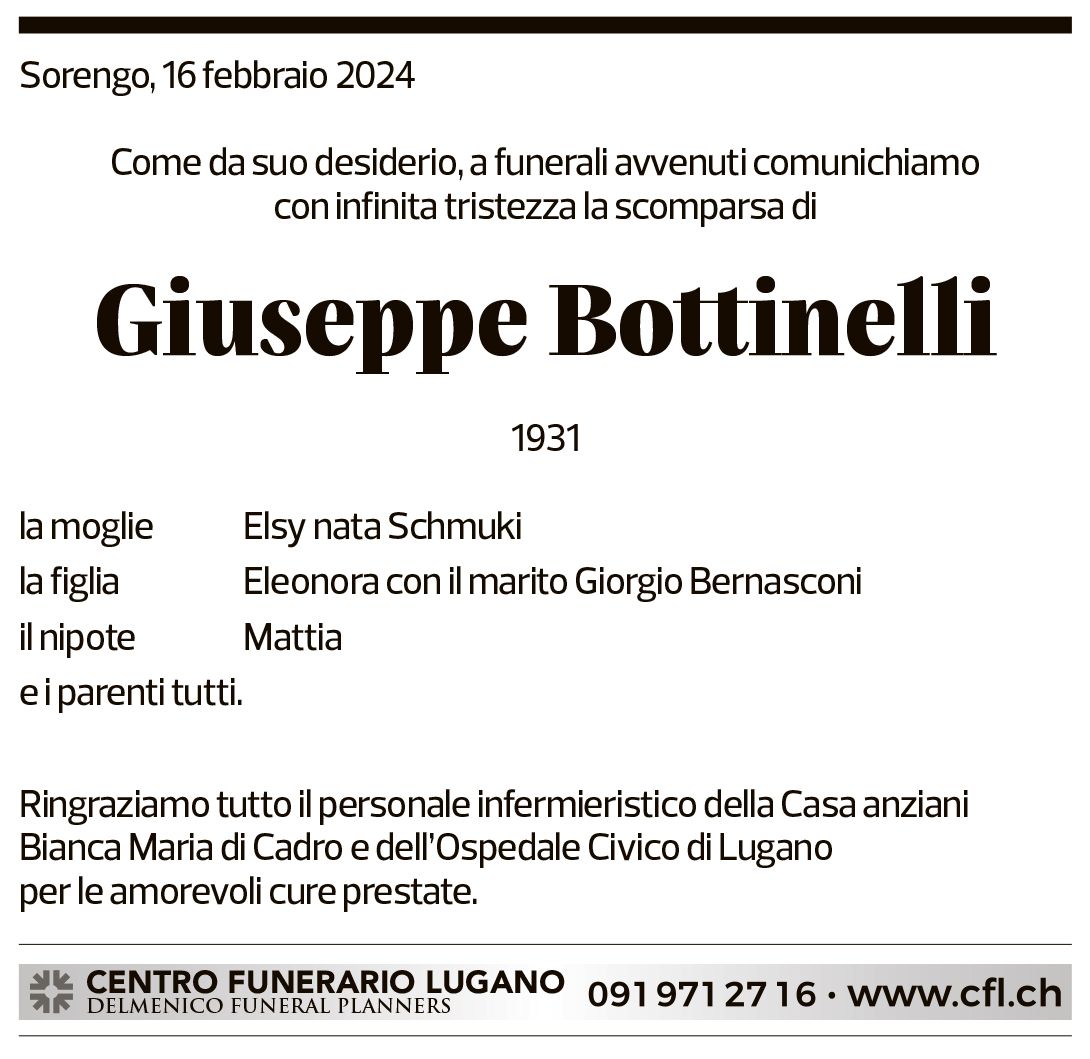 Annuncio funebre Giuseppe Bottinelli