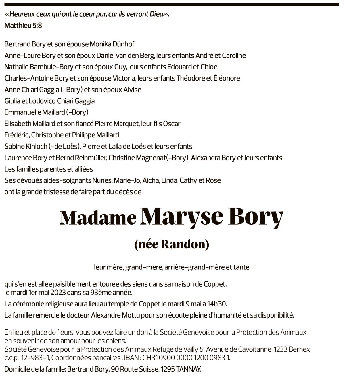 Annuncio funebre Maryse Bory