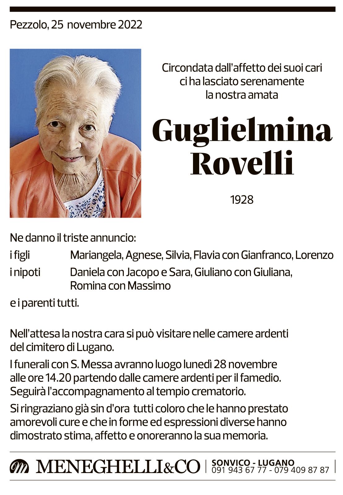 Annuncio funebre Guglielmina Rovelli