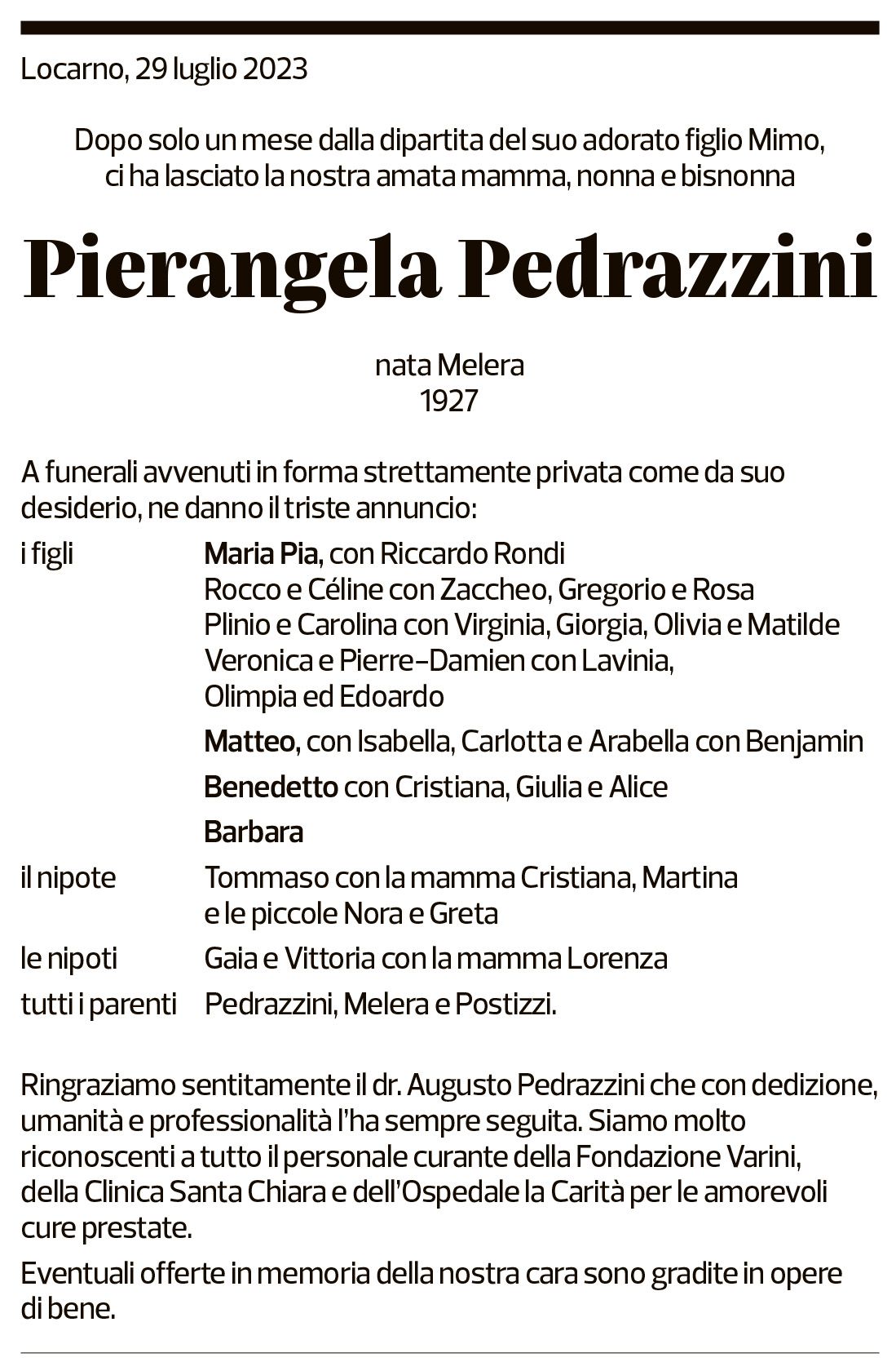 Annuncio funebre Pierangela Pedrazzini