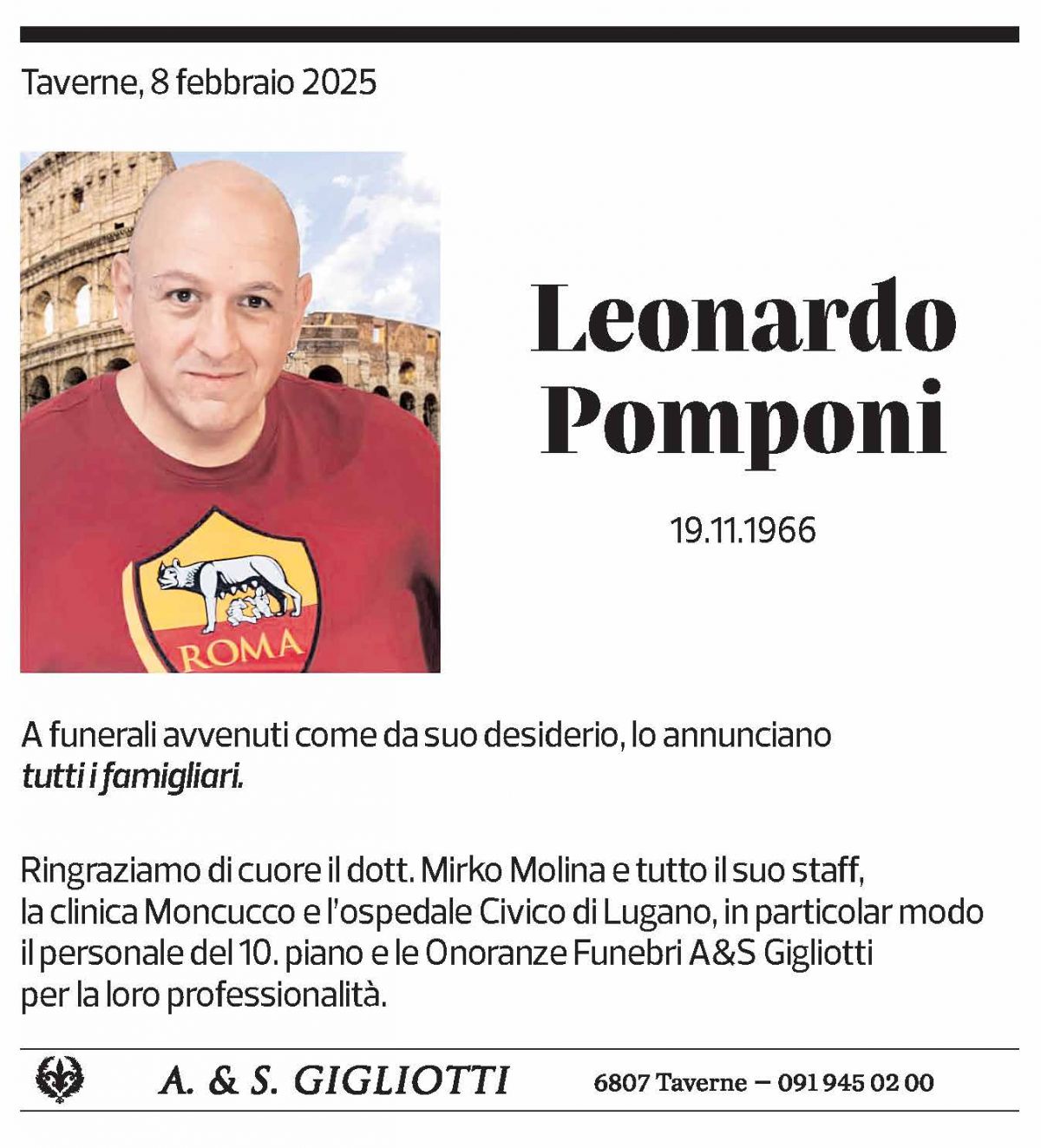 Annuncio funebre Leonardo Pomponi