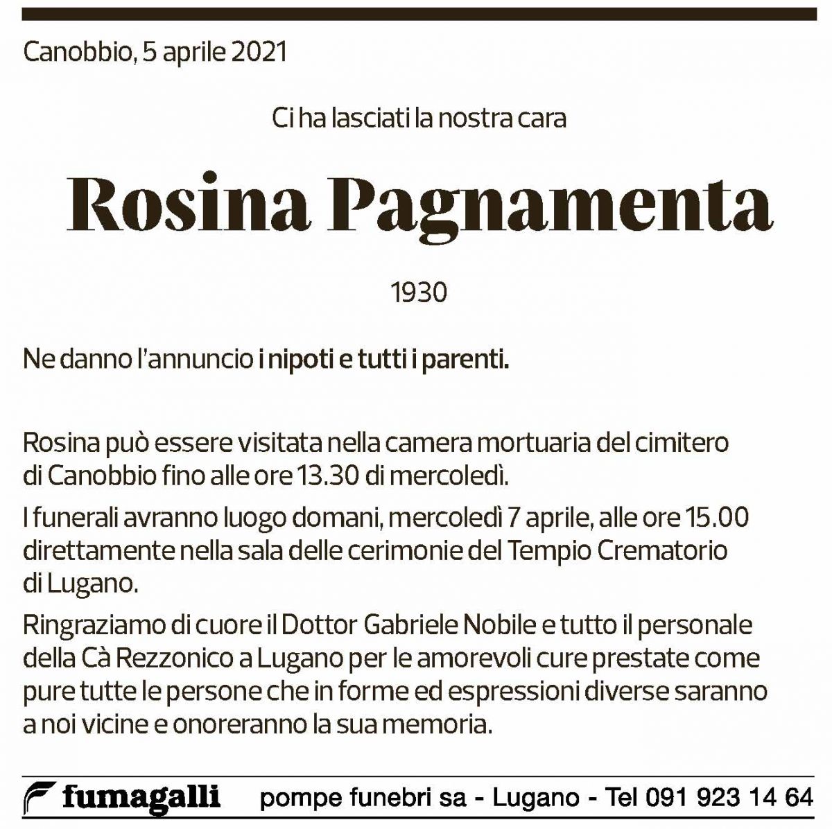 Annuncio funebre Rosina Pagnamenta